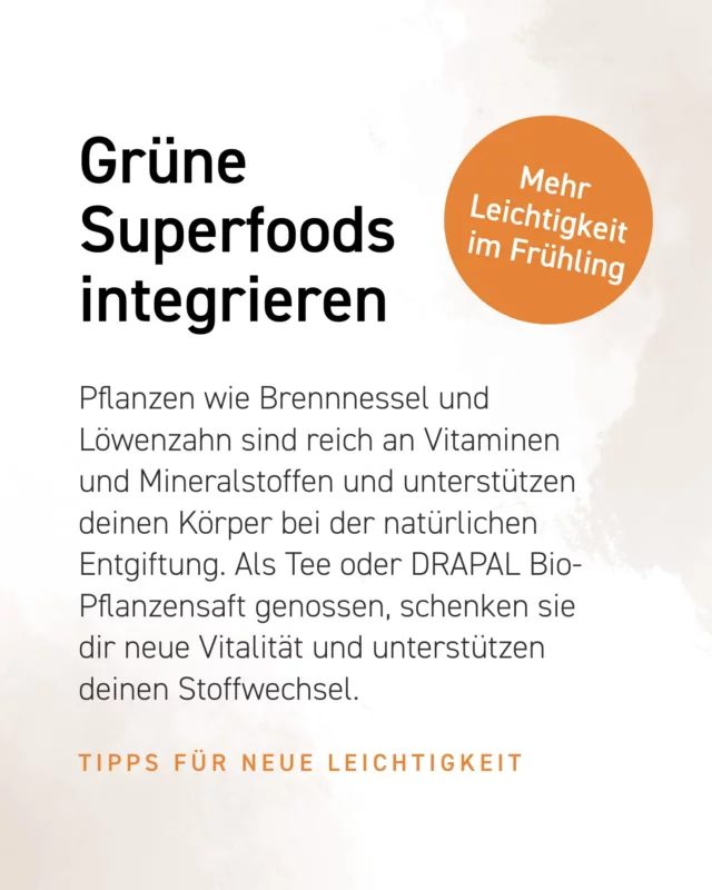 Grüner Kick für deinen Frühling! Superfoods wie Brennnessel und Löwenzahn unterstützen dich sanft und natürlich beim Entgiften, schenken dir neue Vitalität und bringen deinen Stoffwechsel in Schwung. Einfach als Tee oder DRAPAL Bio-Pflanzensaft genießen und Frühlingsenergie tanken! 💚

#grünesuperfoods #drapal #detox #frühling #brennnessel #löwenzahn #pflanzensaft #gesundheit #natürlichfit #lebensstil #wohlbefinden #kraftdernatur